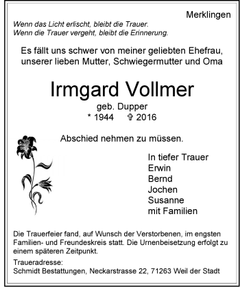 Traueranzeige von Irmgard Vollmer von Leonberger Kreiszeitung