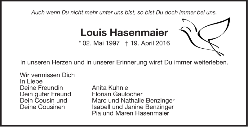  Traueranzeige für Louis Hasenmaier vom 07.05.2016 aus Leonberger Kreiszeitung / Strohgäu Extra