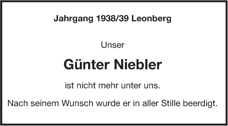  Traueranzeige für Günter Niebler vom 10.05.2016 aus Leonberger Kreiszeitung / Strohgäu Extra
