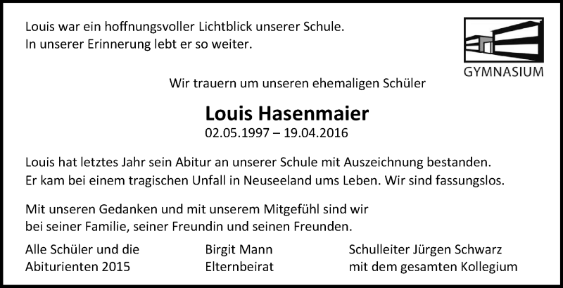  Traueranzeige für Louis Hasenmaier vom 07.05.2016 aus Leonberger Kreiszeitung / Strohgäu Extra