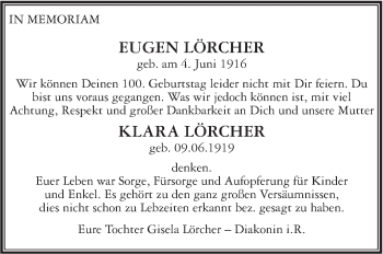 Traueranzeige von Eugen und Klara Lörcher von Leonberger Kreiszeitung / Strohgäu Extra