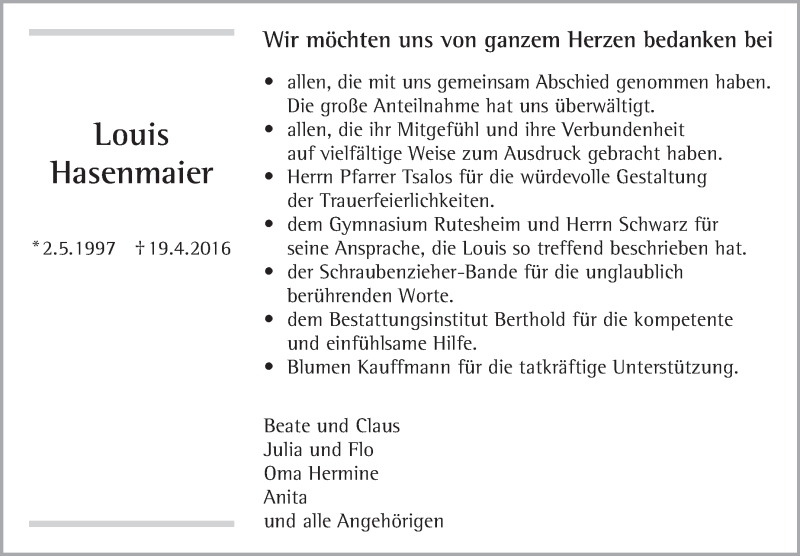  Traueranzeige für Louis Hasenmaier vom 16.06.2016 aus Leonberger Kreiszeitung / Strohgäu Extra