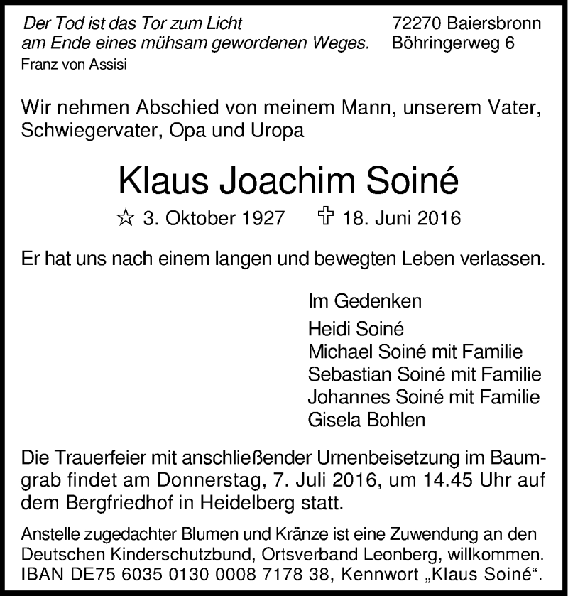  Traueranzeige für Klaus Joachim Soiné vom 02.07.2016 aus Leonberger Kreiszeitung / Strohgäu Extra