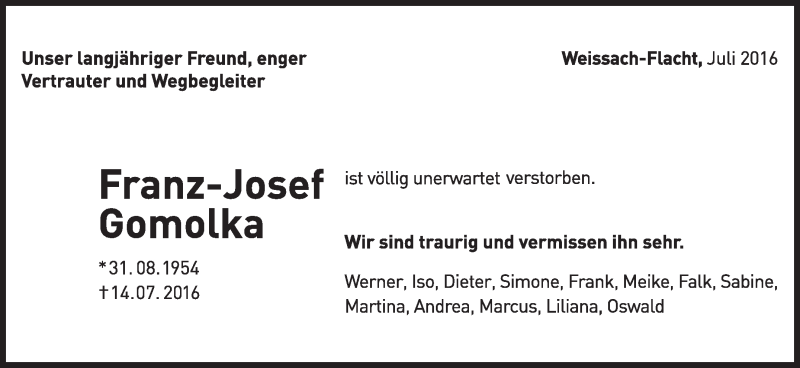  Traueranzeige für Franz-Josef Gomolka vom 23.07.2016 aus Leonberger Kreiszeitung / Strohgäu Extra