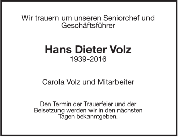 Traueranzeige von Hans Dieter Volz von Leonberger Kreiszeitung / Strohgäu Extra