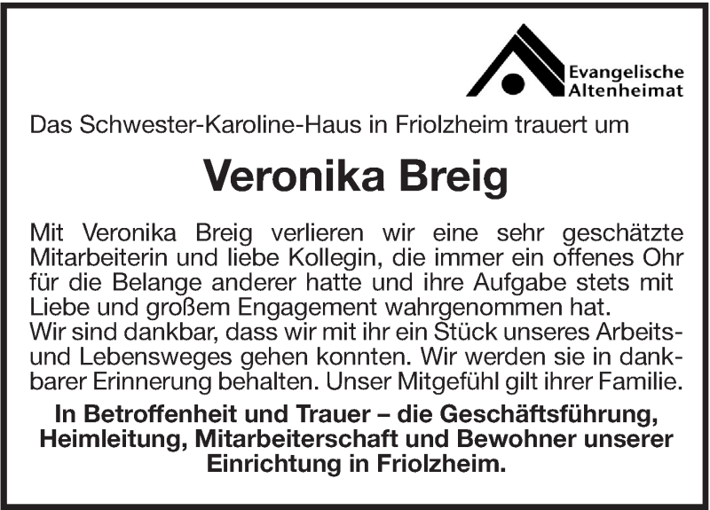  Traueranzeige für Veronika Breig vom 16.08.2016 aus Leonberger Kreiszeitung / Strohgäu Extra