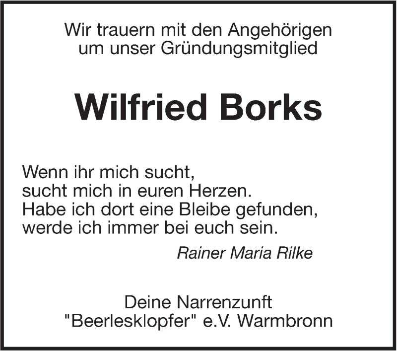  Traueranzeige für Wilfried Borks vom 16.08.2016 aus Leonberger Kreiszeitung / Strohgäu Extra
