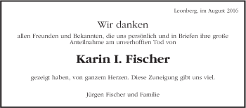 Traueranzeige von Karin I. Fischer von Leonberger Kreiszeitung / Strohgäu Extra
