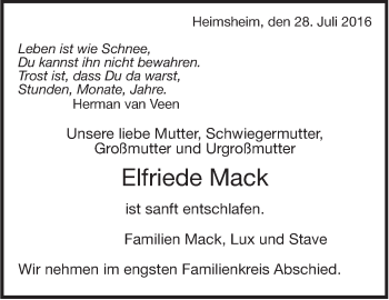 Traueranzeige von Elfriede Mack von Leonberger Kreiszeitung / Strohgäu Extra