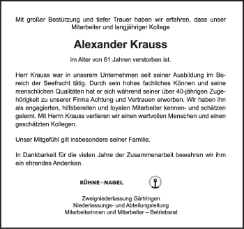 Traueranzeige von Alexander Krauss von Leonberger Kreiszeitung / Strohgäu Extra