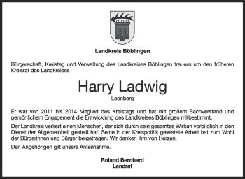 Traueranzeige von Harry Ladwig von Leonberger Kreiszeitung / Strohgäu Extra