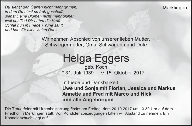  Traueranzeige für Helga Eggers vom 18.10.2017 aus Leonberger Kreiszeitung / Strohgäu Extra
