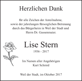 Traueranzeige von Lise Stern von Leonberger Kreiszeitung / Strohgäu Extra