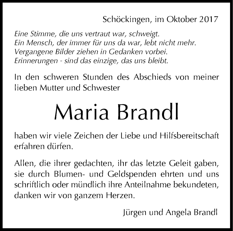  Traueranzeige für Maria Brandl vom 12.10.2017 aus Leonberger Kreiszeitung / Strohgäu Extra