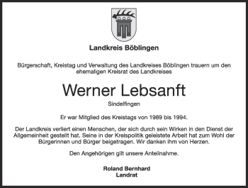 Traueranzeige von Werner Lebsanft von Leonberger Kreiszeitung / Strohgäu Extra