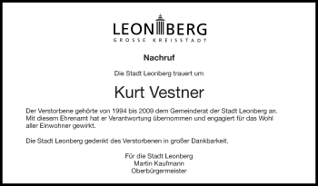 Traueranzeige von Kurt Vestner von Leonberger Kreiszeitung / Strohgäu Extra