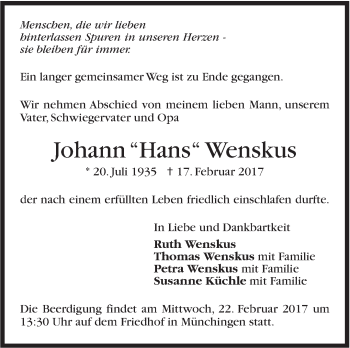 Traueranzeige von Johann Wenskus von Leonberger Kreiszeitung / Strohgäu Extra