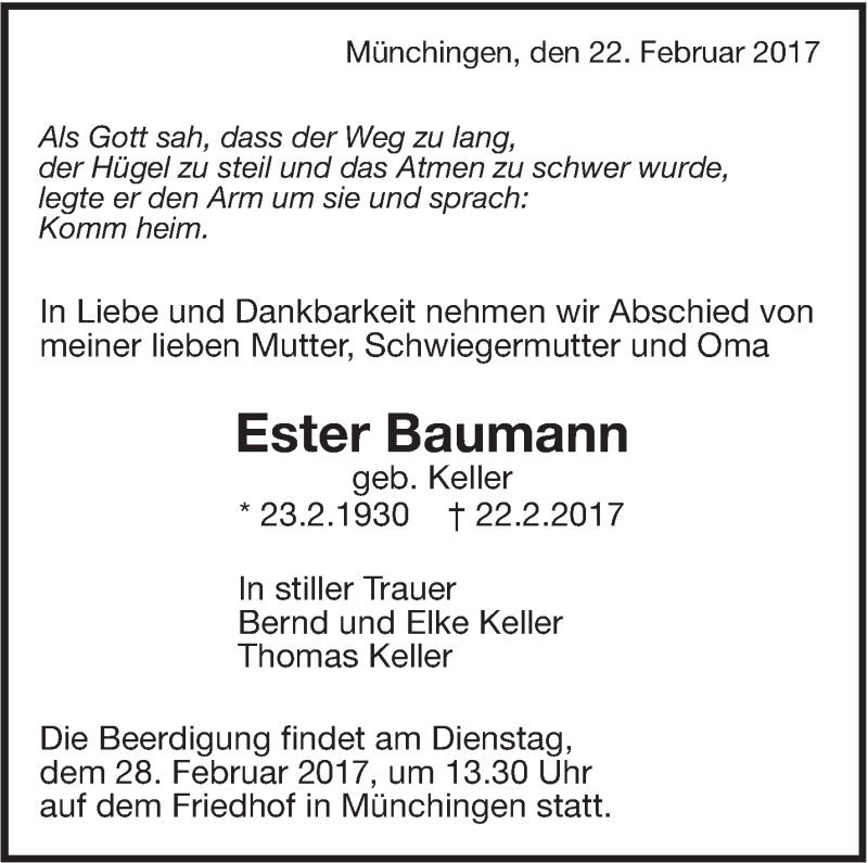  Traueranzeige für Ester Baumann vom 24.02.2017 aus Leonberger Kreiszeitung / Strohgäu Extra