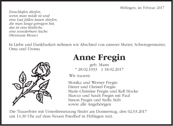 Traueranzeige von Anne Fregin von Leonberger Kreiszeitung / Strohgäu Extra