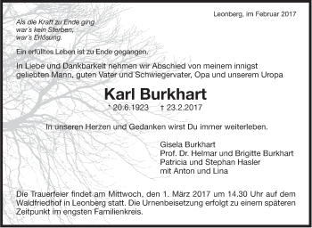 Traueranzeige von Karl Burkhart von Leonberger Kreiszeitung / Strohgäu Extra