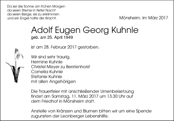 Traueranzeige von Adolf Eugen Georg  Kuhnle von Leonberger Kreiszeitung / Strohgäu Extra