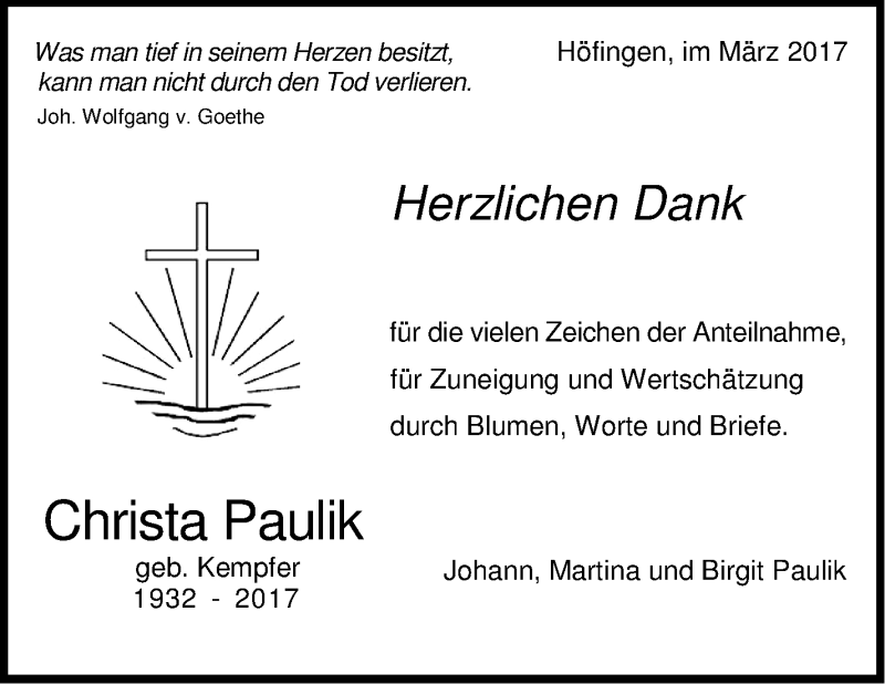  Traueranzeige für Christa Paulik vom 15.03.2017 aus Leonberger Kreiszeitung / Strohgäu Extra