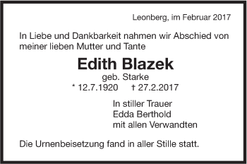 Traueranzeige von Edith Blazek von Leonberger Kreiszeitung / Strohgäu Extra