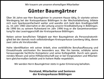 Traueranzeige von Günter Baumgärtner von Leonberger Kreiszeitung / Strohgäu Extra