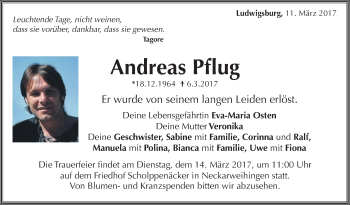 Traueranzeige von Andreas Pflug von Leonberger Kreiszeitung / Strohgäu Extra