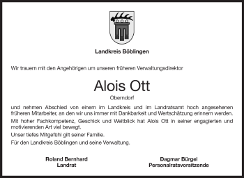 Traueranzeige von Alois Ott von Leonberger Kreiszeitung / Strohgäu Extra