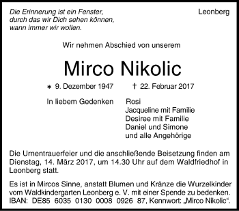 Traueranzeige von Mirco Nikolic von Leonberger Kreiszeitung / Strohgäu Extra