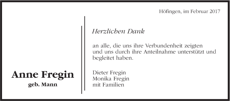  Traueranzeige für Anne Fregin vom 11.03.2017 aus Leonberger Kreiszeitung / Strohgäu Extra