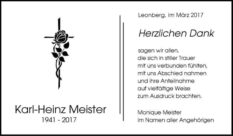  Traueranzeige für Karl-Heinz Meister vom 28.03.2017 aus Leonberger Kreiszeitung / Strohgäu Extra