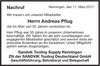 Traueranzeige von Andreas Pflug von Leonberger Kreiszeitung / Strohgäu Extra