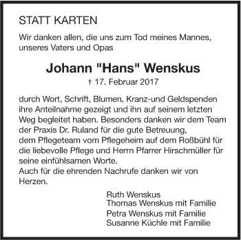 Traueranzeige von Johann Wenskus von Leonberger Kreiszeitung / Strohgäu Extra