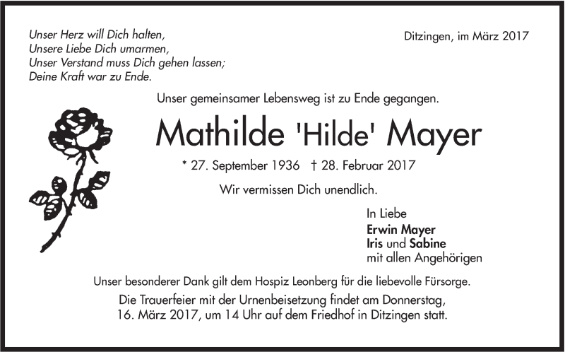 Traueranzeige für Mathilde Mayer vom 09.03.2017 aus Leonberger Kreiszeitung / Strohgäu Extra