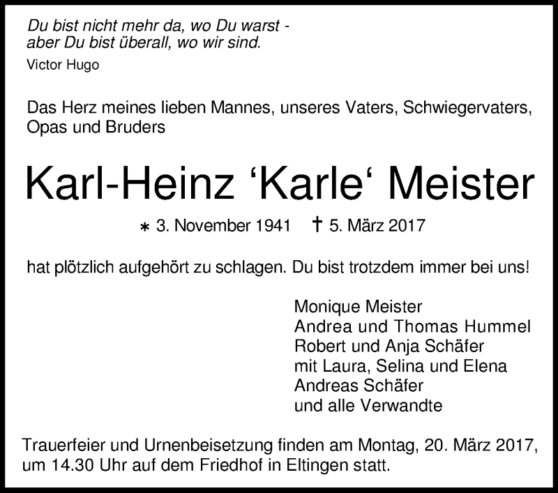  Traueranzeige für Karl-Heinz Meister vom 15.03.2017 aus Leonberger Kreiszeitung / Strohgäu Extra