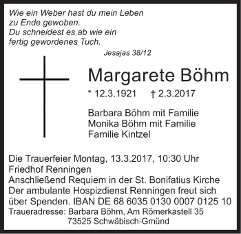 Traueranzeige von Margarete Böhm von Leonberger Kreiszeitung / Strohgäu Extra
