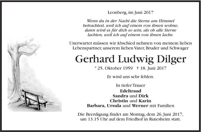  Traueranzeige für Gerhard Ludwig Dilger vom 22.06.2017 aus Leonberger Kreiszeitung / Strohgäu Extra