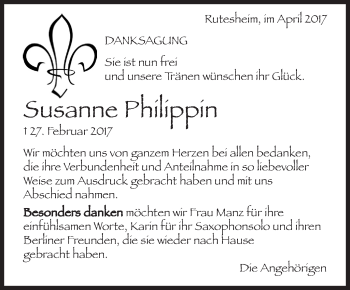 Traueranzeige von Susanne Philippin von Leonberger Kreiszeitung / Strohgäu Extra