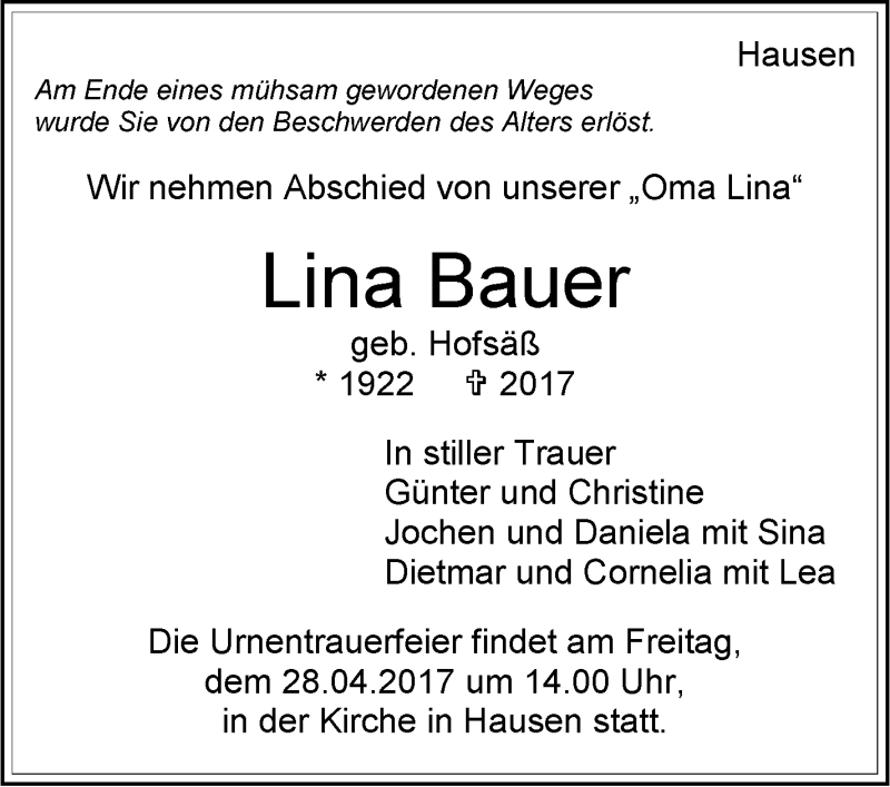  Traueranzeige für Lina Bauer vom 26.04.2017 aus Leonberger Kreiszeitung / Strohgäu Extra