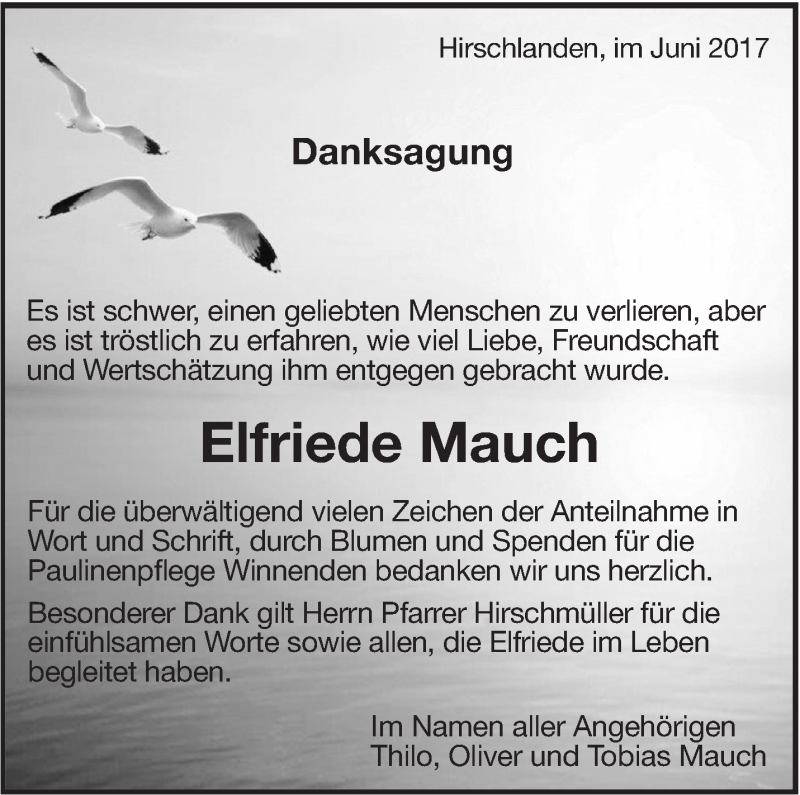  Traueranzeige für Elfriede Mauch vom 14.06.2017 aus Leonberger Kreiszeitung / Strohgäu Extra