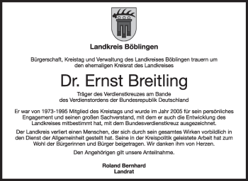 Traueranzeige von Ernst Breitling von Leonberger Kreiszeitung / Strohgäu Extra