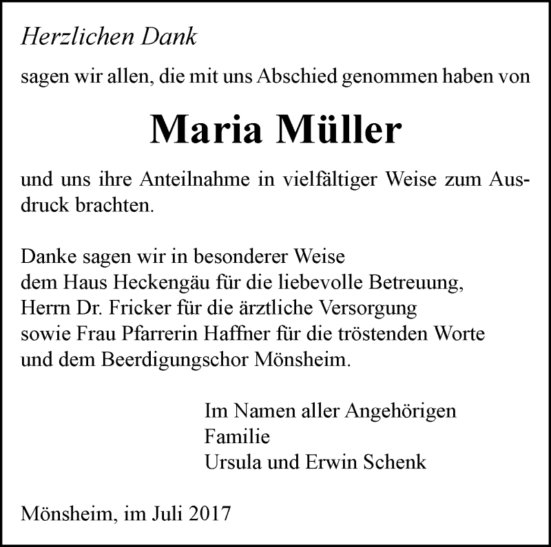  Traueranzeige für Maria Müller vom 06.07.2017 aus Leonberger Kreiszeitung / Strohgäu Extra