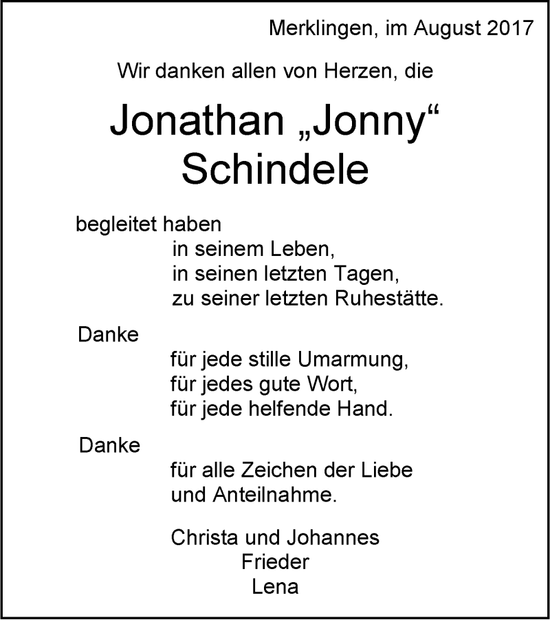  Traueranzeige für Jonathan Schindele vom 09.08.2017 aus Leonberger Kreiszeitung / Strohgäu Extra