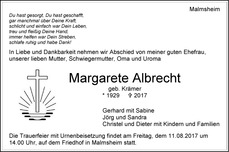  Traueranzeige für Margarete Albrecht vom 08.08.2017 aus Leonberger Kreiszeitung / Strohgäu Extra
