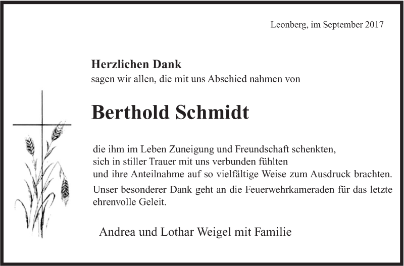 Traueranzeige für Berthold Schmidt vom 29.09.2017 aus Leonberger Kreiszeitung / Strohgäu Extra