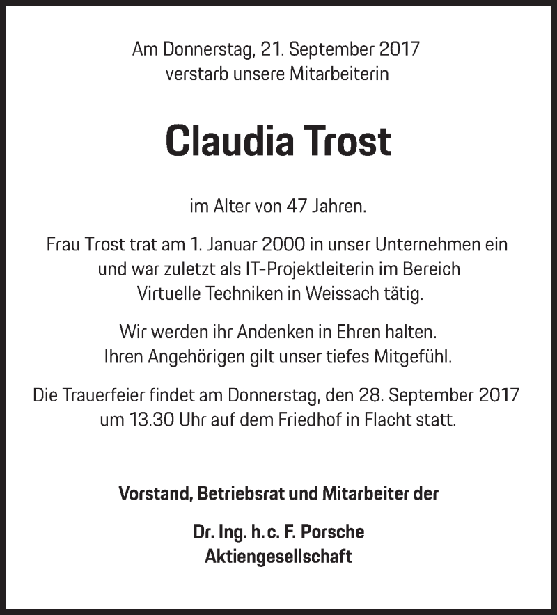  Traueranzeige für Claudia Trost vom 27.09.2017 aus Leonberger Kreiszeitung / Strohgäu Extra