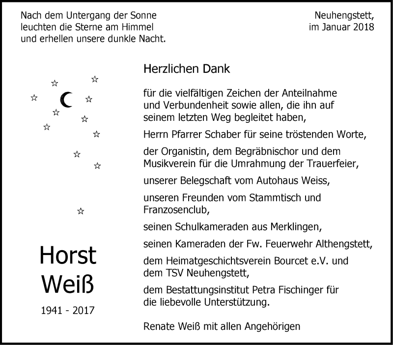  Traueranzeige für Horst Weiß vom 03.01.2018 aus Leonberger Kreiszeitung / Strohgäu Extra