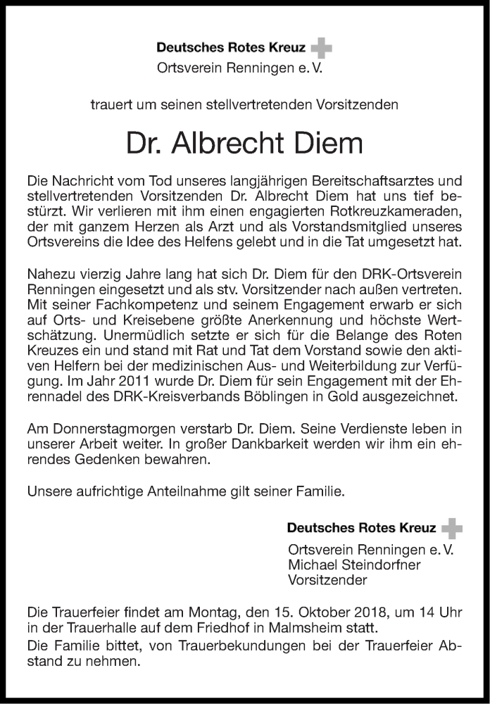  Traueranzeige für Albrecht Diem vom 06.10.2018 aus Leonberger Kreiszeitung / Strohgäu Extra